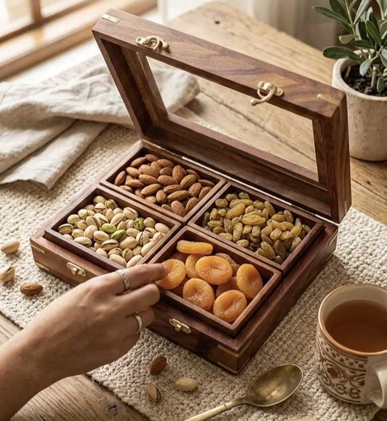 Wooden Dry Fruit Storage Box with Glass Lid and 4 Compartments view 2